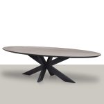 Ovale eettafel met een metalen matrix onderstel en eikenhout blad met zwarte rand Van Tafel.