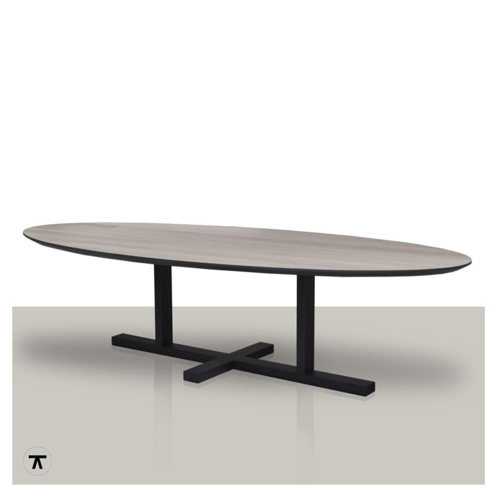 Ovale-eettafel-eikenhout-tafelblad-met-zwarte-rand-en-metalen-H-onderstel