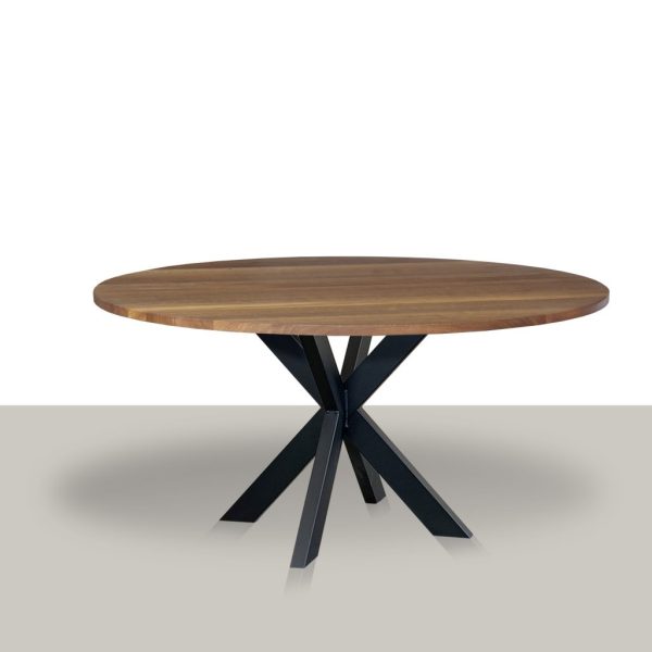 Ronde eettafel met metalen slanke matrix onderstel (koker 8×4) en massief smoke eikenblad