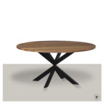 Ronde eettafel met metalen slanke matrix onderstel en massief smoke eikenblad