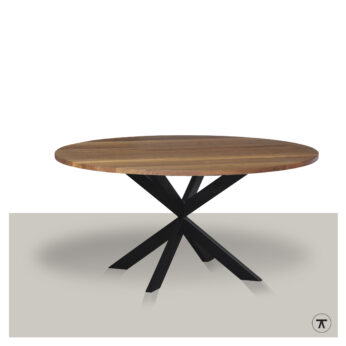 Ronde eettafel met metalen slanke matrix onderstel en massief smoke eikenblad