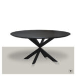 Ronde eettafel met metalen slanke matrix onderstel en massief zwart eikenblad