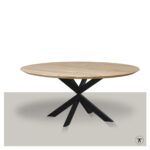 Ronde eettafel met metalen slanke matrix onderstel en massief eikenblad
