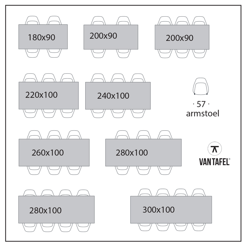 Tafelindeling stoelen met armleuning rechthoekige tafel Van Tafel