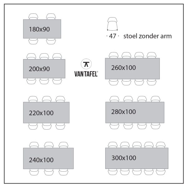 Tafelindeling stoelen zonder armleuning rechthoekige tafel Van Tafel