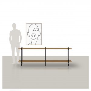 lage wandkast met eikenhouten planken en een metalen frame op maat gemaakt Van Tafel