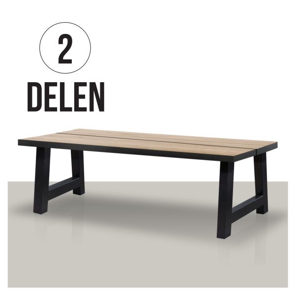 Eikhouten-eettafel-2-delen-blad-met-zwarte-rand-metalen-A-poot