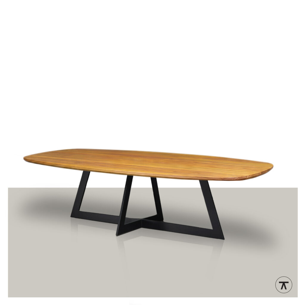 Fins ovale tuintafel-Cameleon van Iroko hout met zwart metalen slee onderstel