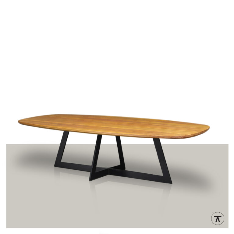 Fins ovale tuintafel-Cameleon van Iroko hout met zwart metalen slee onderstel