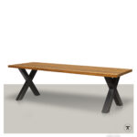 Rechthoekige tuintafel Oek van Iroko hout met metalen kruis poten.