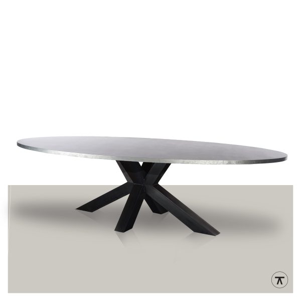 Ovale buitentafel van zink met zwart matrix onderstel