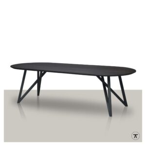 Sharp-zwarte-plat-ovale-houten-eettafel-groot-gekruisd-onderstel