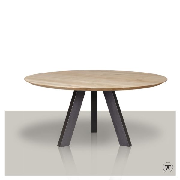 Ronde houten eettafel met 3 metalen poten