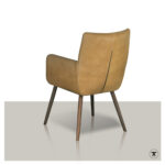 Achterkant van eetkamerstoel Zit in gele kleur met houten poten