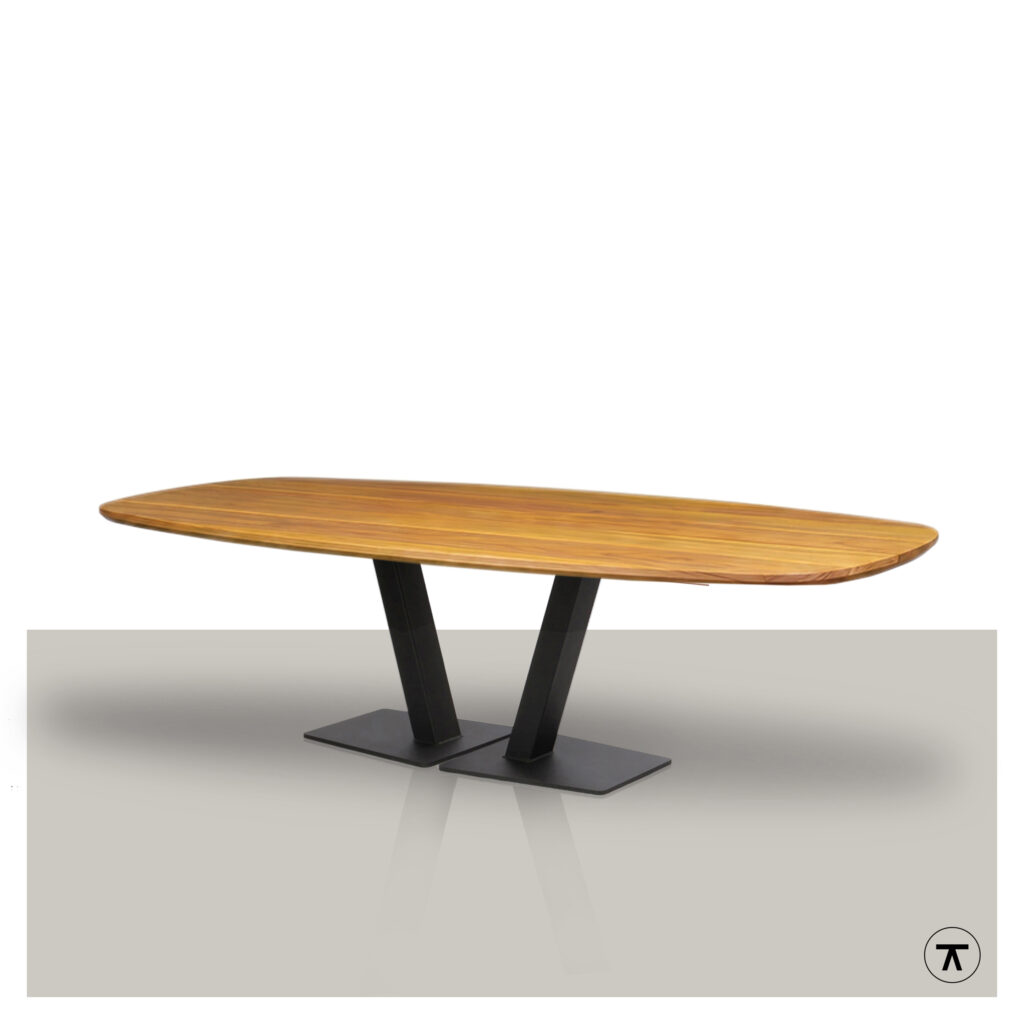 Fins ovale tuintafel Duka van Iroko hout met zwart metalen V onderstel