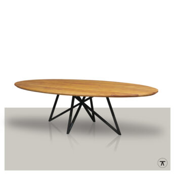 Ovale tuintafel Padora Iroko hout met zwart metalen vlinder onderstel