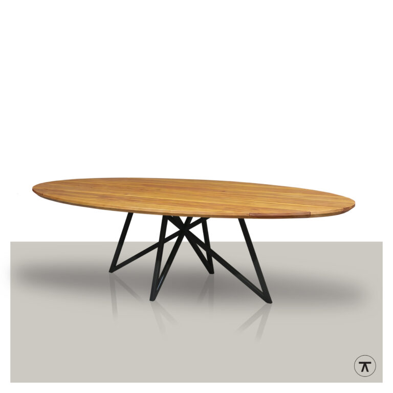 Ovale tuintafel Padora Iroko hout met zwart metalen vlinder onderstel