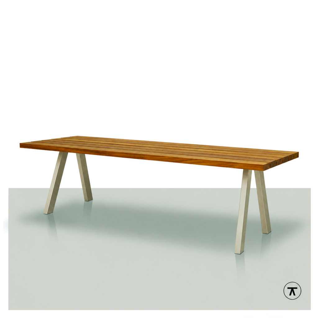 Tuintafel Dakou van Iroko hout met champagne kleur metalen onderstel