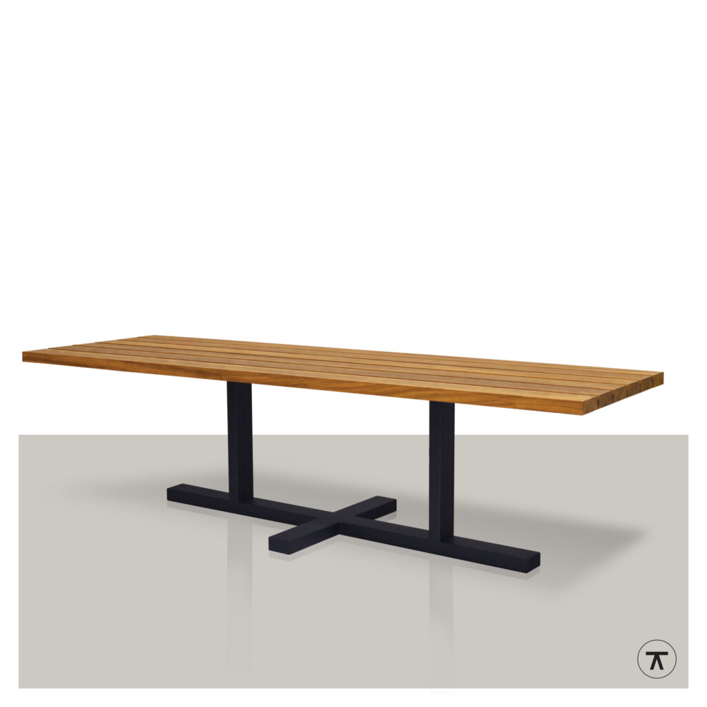 Rechthoekige tuintafel Padulo Iroko met zwart metalen plat kruis onderstel