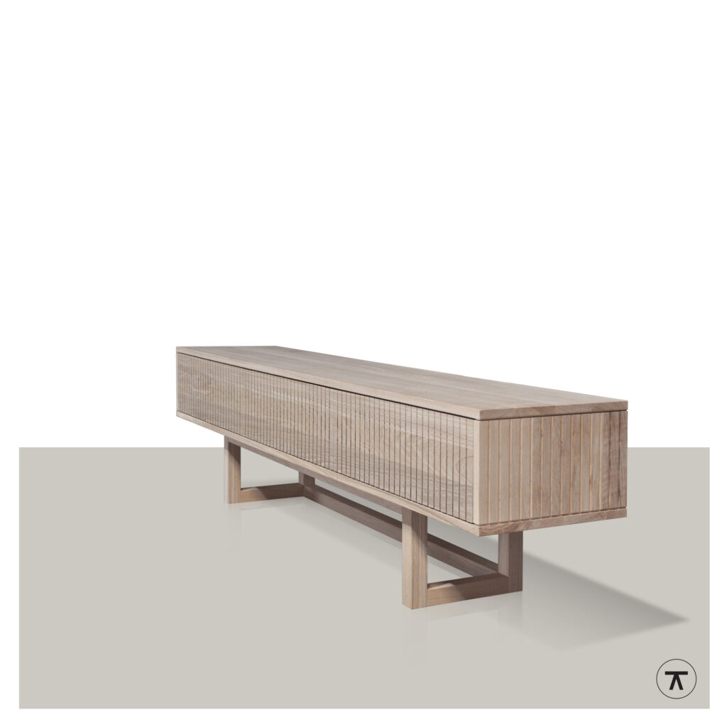 TV-kast Groove met 3 kleppen in blank eiken met houten onderstel zijaanzicht