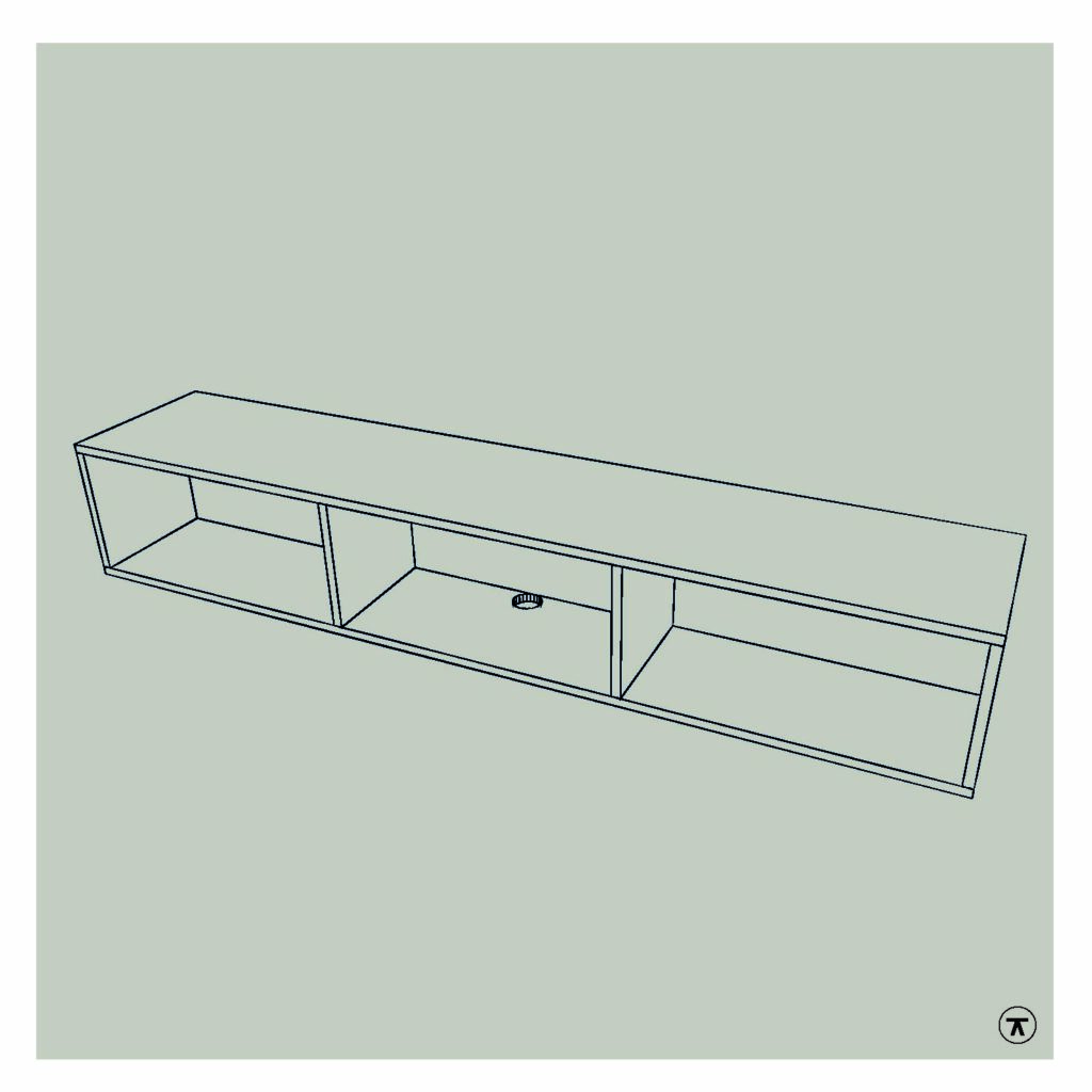 Lijntekening van tv kast met kabeldoorvoer op de bodem