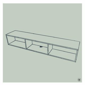 Lijntekening van tv kast met kabeldoorvoer op de bodem