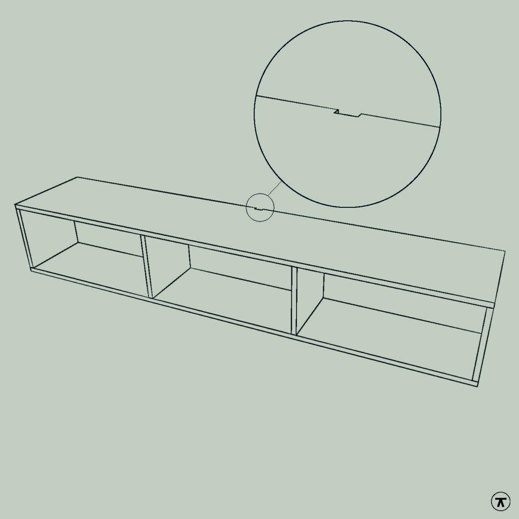 Lijntekening van tv kast met kabeldoorvoer boven, achter in het midden