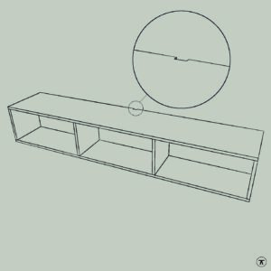 Lijntekening van tv kast met kabeldoorvoer boven, achter in het midden