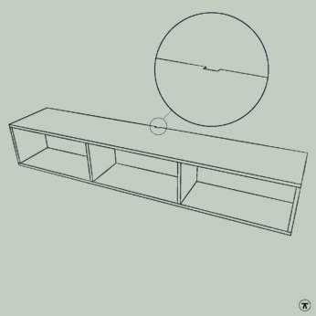 Lijntekening van tv kast met kabeldoorvoer boven, achter in het midden