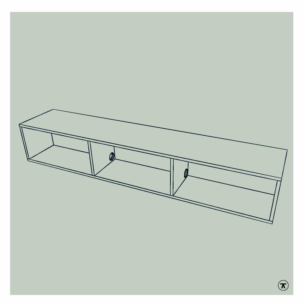 Lijntekening van tv kast met kabeldoorvoer in de tussenschotten