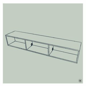 Lijntekening van tv kast met kabeldoorvoer in de tussenschotten