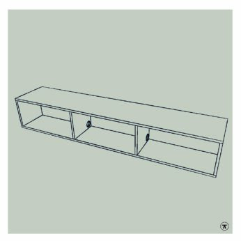 Lijntekening van tv kast met kabeldoorvoer in de tussenschotten