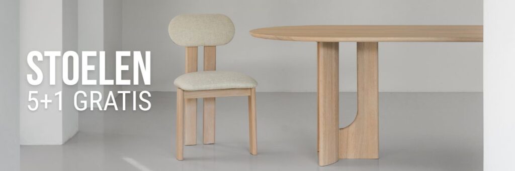 Actie 5 stoelen + 1 gratis - houten stoel en houten tafel