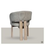 Achterzijde van eetkamerstoel Mar met open rug en houten onderstel