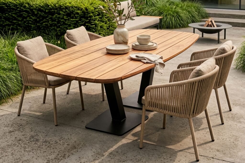 Fins ovale houten tuintafel met metalen poten en vier stoelen