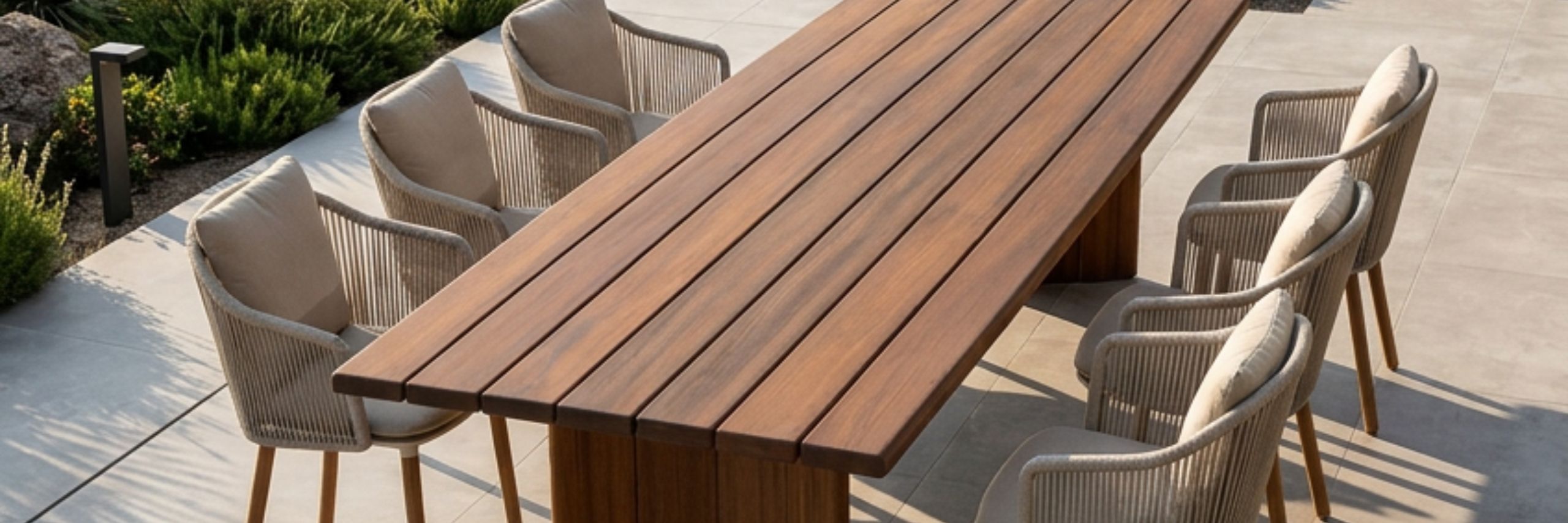 Rechte houten tuintafel met houten wangonderstel