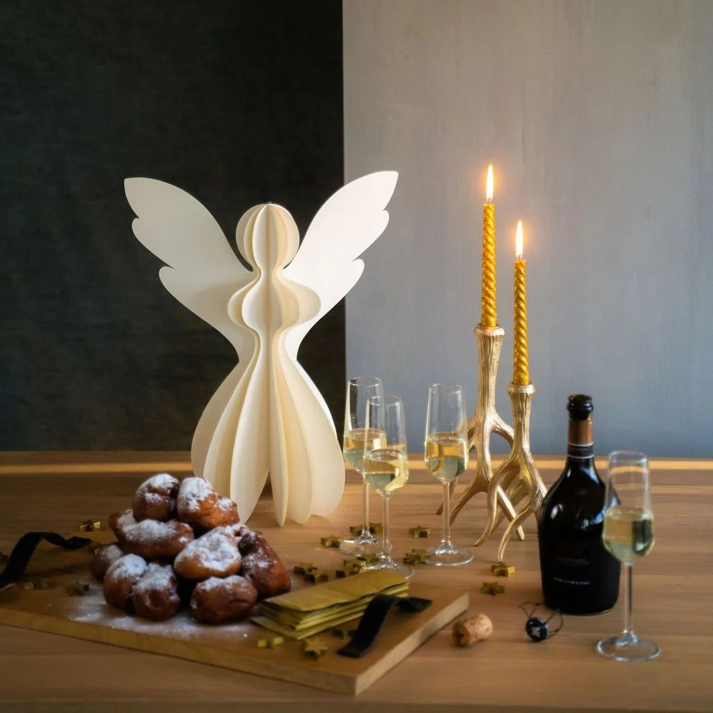Oliebollen, champagne en kaarsjes op tafel